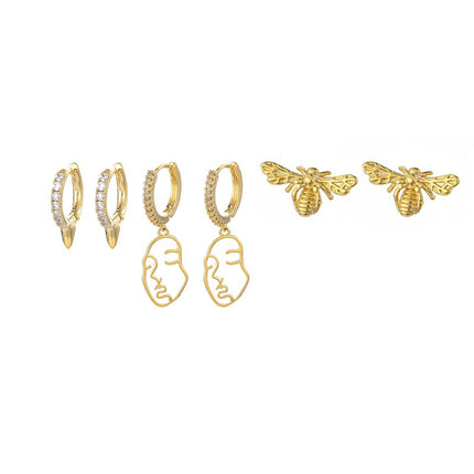 Aretes Con Rostro Abstracto Y Abeja Set Creativo En Cobre, Estilo Único
