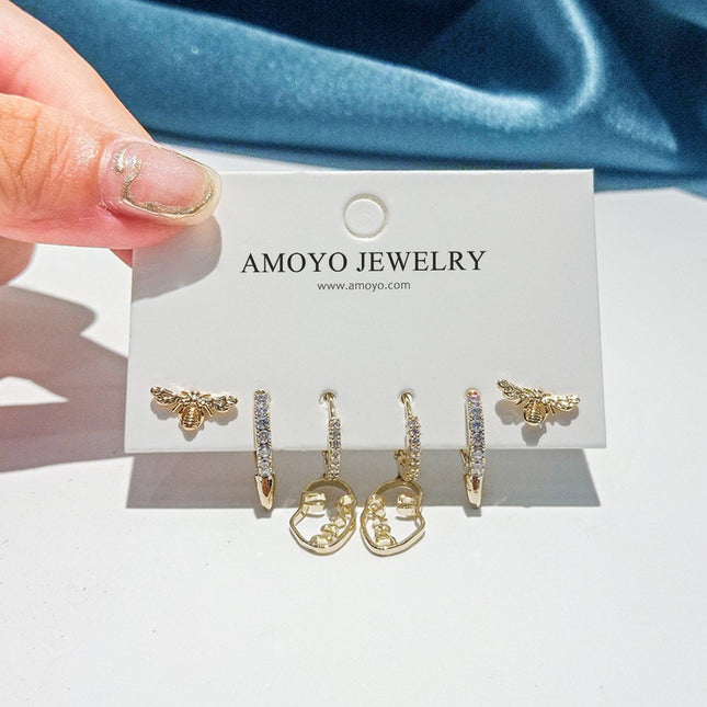 Aretes Con Rostro Abstracto Y Abeja Set Creativo En Cobre, Estilo Único