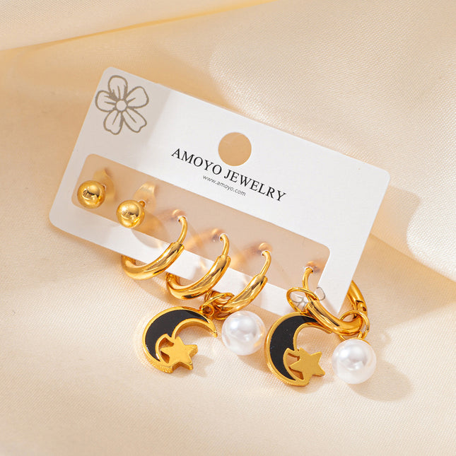 Aretes Con Perlas De Estrella Y Luna Set Elegante En Acero Inoxidable