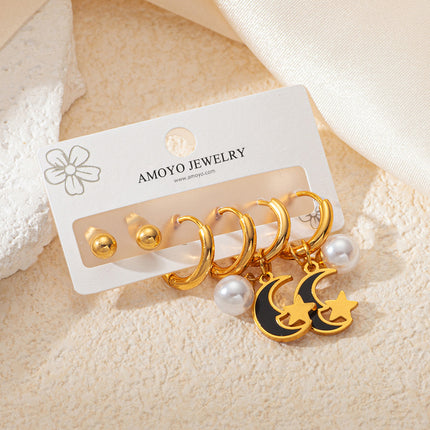 Aretes Con Perlas De Estrella Y Luna Set Elegante En Acero Inoxidable