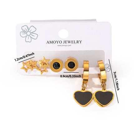 Set De Aretes Acero Titanio Elegante Con Corazón, Estrella Y Aros