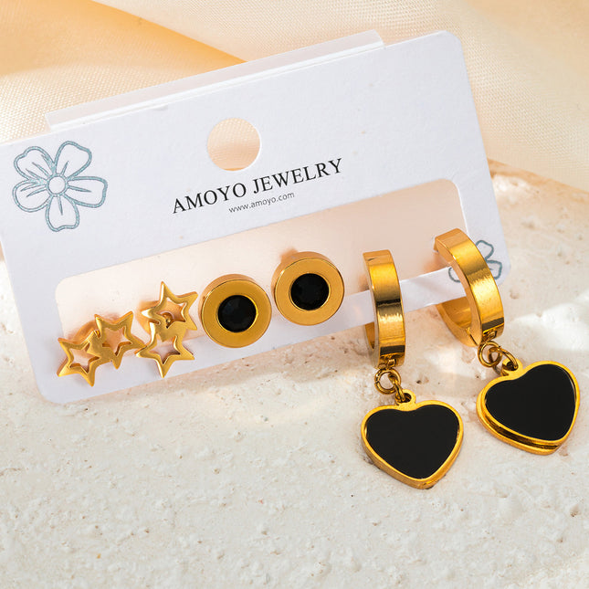 Set De Aretes Acero Titanio Elegante Con Corazón, Estrella Y Aros
