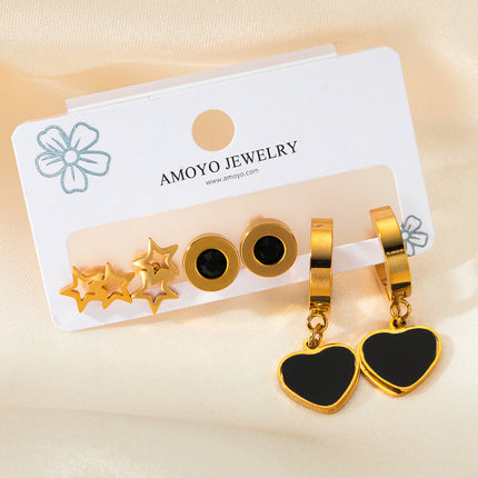 Set De Aretes Acero Titanio Elegante Con Corazón, Estrella Y Aros