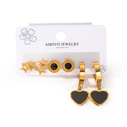 Set De Aretes Acero Titanio Elegante Con Corazón, Estrella Y Aros