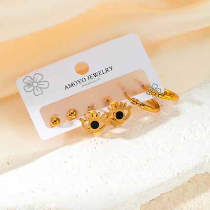 Aretes De Ojo De Demonio Y Aros De Acero Inoxidable Set Diseño Moderno