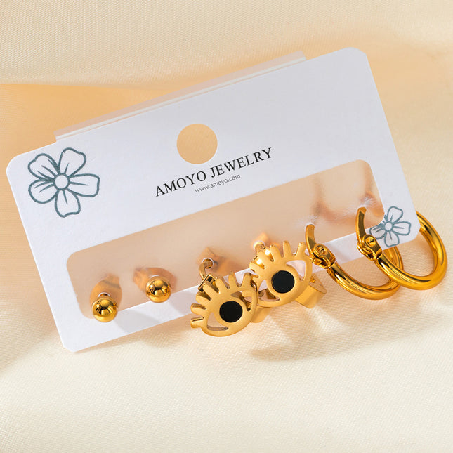Aretes De Ojo De Demonio Y Aros De Acero Inoxidable Set Diseño Moderno