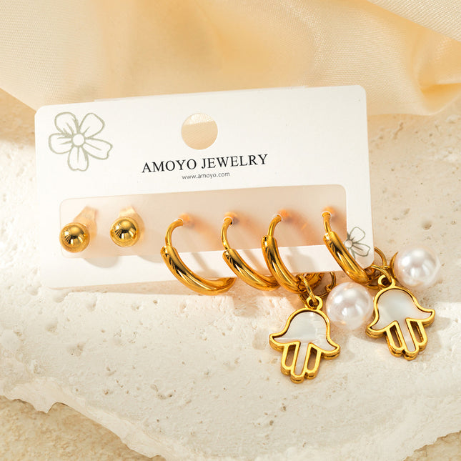 Aretes De Palma Blanca Y Pendientes De Bolas Set De Acero Inoxidable