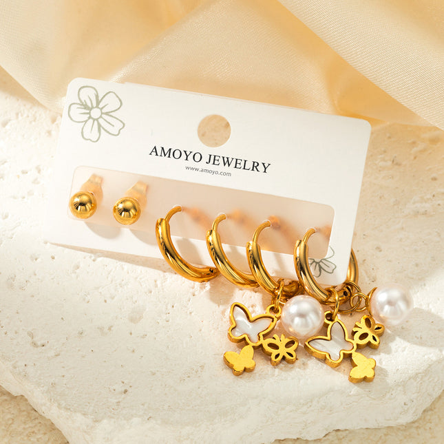 Aretes De Mariposa Con Perlas Y Pendientes De Bola Acero Inoxidable