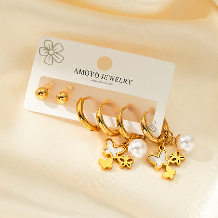 Aretes De Mariposa Con Perlas Y Pendientes De Bola Acero Inoxidable