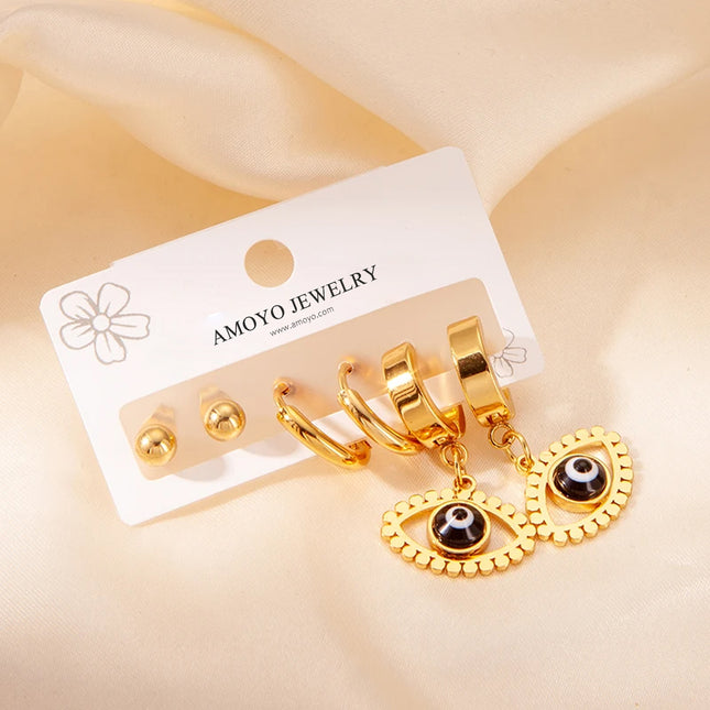Aretes De Ojo Y Aros Simples En Acero De Titanio Set Para Mujer