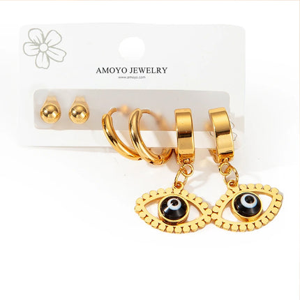 Aretes De Ojo Y Aros Simples En Acero De Titanio Set Para Mujer