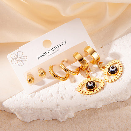 Aretes De Ojo Y Aros Simples En Acero De Titanio Set Para Mujer
