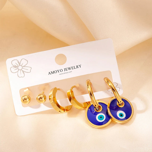 Aretes De Ojo Con Disco, Aros Y Pendientes De Bola Set Acero Titanio