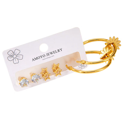 Set de Aretes De Flor Y Pendientes De Estrella Acero Inoxidable