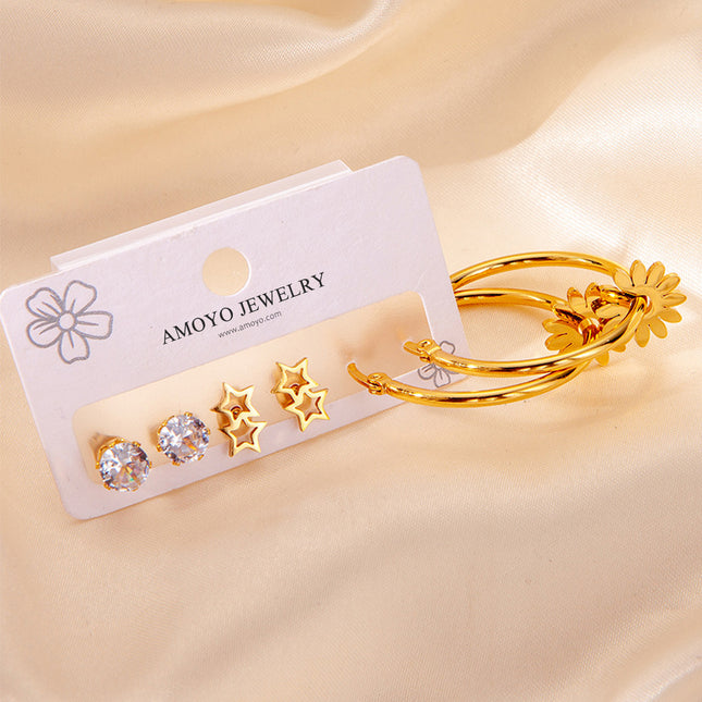 Set de Aretes De Flor Y Pendientes De Estrella Acero Inoxidable