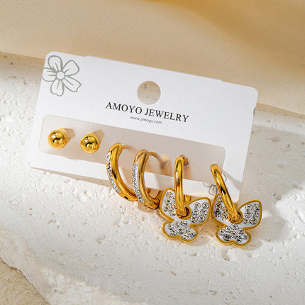 Aretes De Mariposa Con Zirconia Y Pendientes Set Acero Titanio