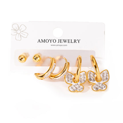 Aretes De Mariposa Con Zirconia Y Pendientes Set Acero Titanio