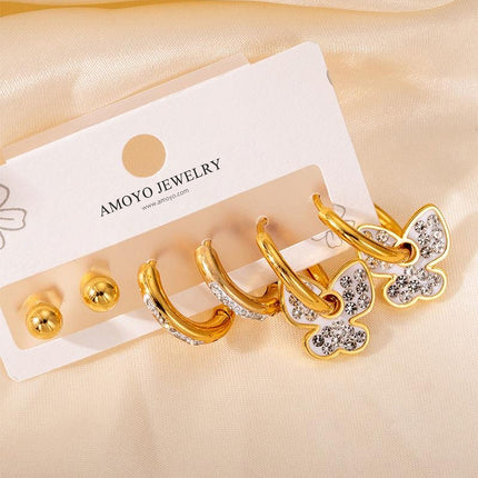 Aretes De Mariposa Con Zirconia Y Pendientes Set Acero Titanio