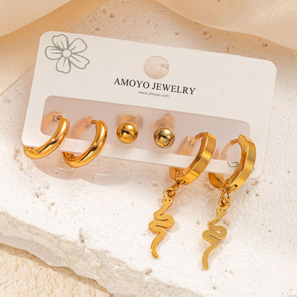 Set De Aretes Acero Titanio De Serpiente Y Pendientes De Bola Y Aro