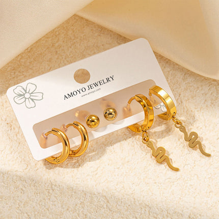 Set De Aretes Acero Titanio De Serpiente Y Pendientes De Bola Y Aro