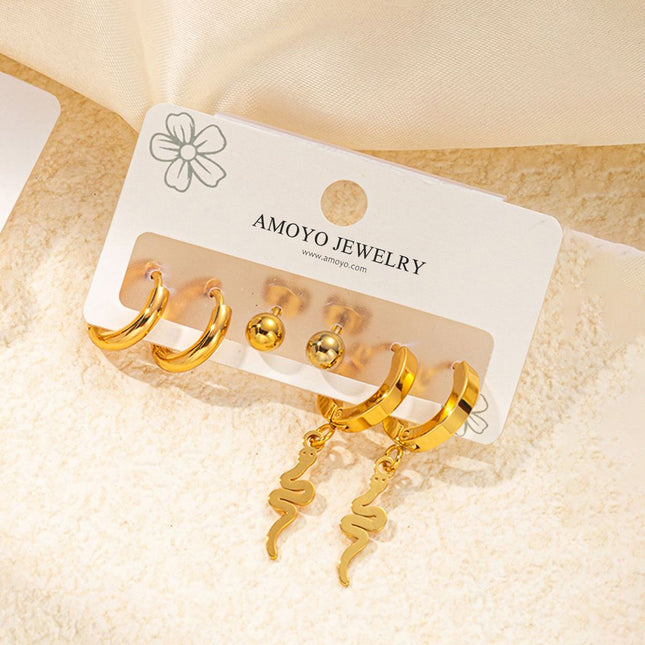 Set De Aretes Acero Titanio De Serpiente Y Pendientes De Bola Y Aro