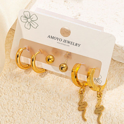 Set De Aretes Acero Titanio De Serpiente Y Pendientes De Bola Y Aro