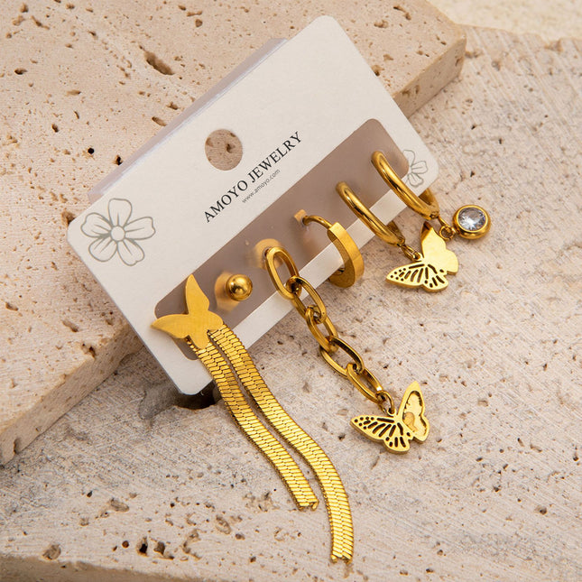 Set De Aretes De Titanio Con Mariposa Y Flecos Elegancia Delicada
