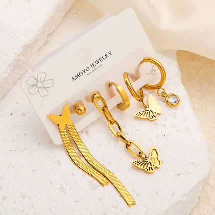 Set De Aretes De Titanio Con Mariposa Y Flecos Elegancia Delicada