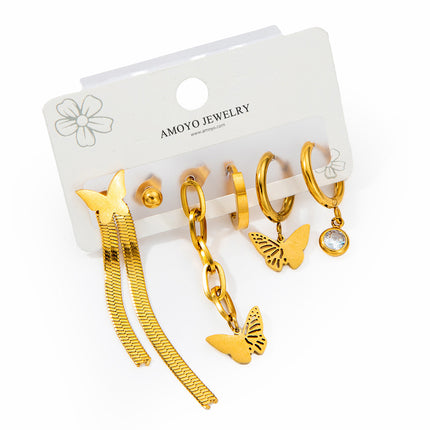 Set De Aretes De Titanio Con Mariposa Y Flecos Elegancia Delicada