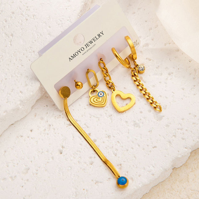 Set De Aretes De Titanio Con Cadena Y Colgante De Corazón Estilo Moderno
