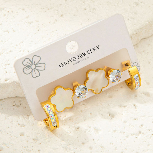 Set De Aretes De Titanio Con Flor Blanca Y Zirconita Pendiente Delicada