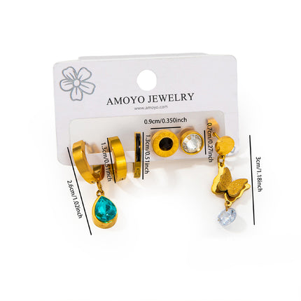 Set De Aretes De Titanio Con Mariposa, Zirconia Azul Y Números Romanos