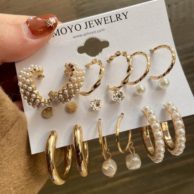 Set De Aretes De Moda Con Perlas Y Aros Formas Irregulares Para Mujer