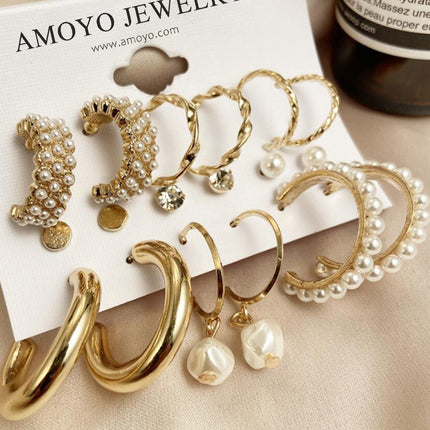 Set De Aretes De Moda Con Perlas Y Aros Formas Irregulares Para Mujer
