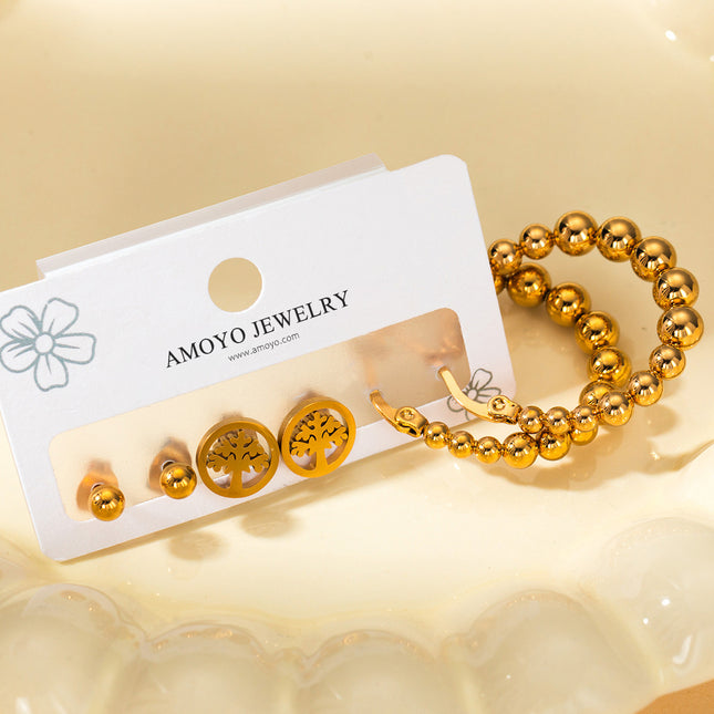 Aretes De Titanio Con Árbol De La Vida Y Aros Con Perlas Doradas