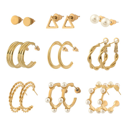 Aretes Con Perlas Artificiales Y Aros Simples Elegante En Aleación Set