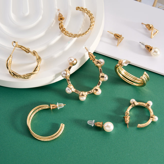 Aretes Con Perlas Artificiales Y Aros Simples Elegante En Aleación Set