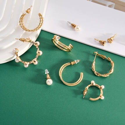Aretes Con Perlas Artificiales Y Aros Simples Elegante En Aleación Set