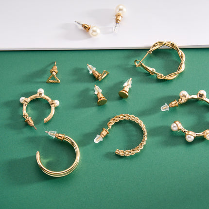 Aretes Con Perlas Artificiales Y Aros Simples Elegante En Aleación Set