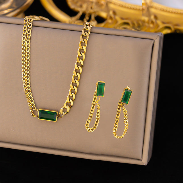 Collar Y Aretes Set De Acero Titanio Con Cadena Y Circonita Verde