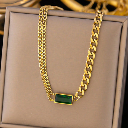 Collar Y Aretes Set De Acero Titanio Con Cadena Y Circonita Verde
