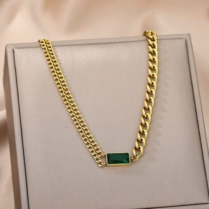 Collar Y Aretes Set De Acero Titanio Con Cadena Y Circonita Verde