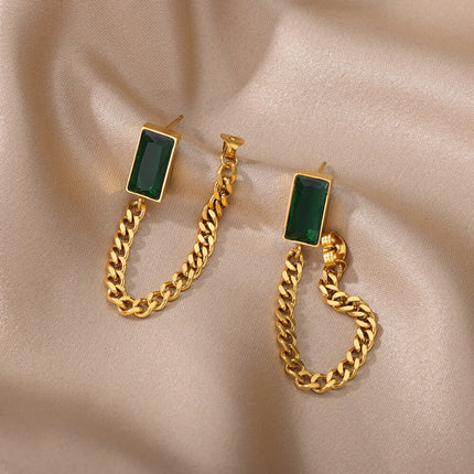 Collar Y Aretes Set De Acero Titanio Con Cadena Y Circonita Verde