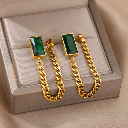Collar Y Aretes Set De Acero Titanio Con Cadena Y Circonita Verde