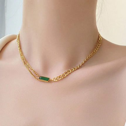 Collar Y Aretes Set De Acero Titanio Con Cadena Y Circonita Verde