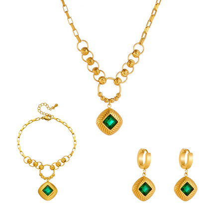 Set De Aretes Y Collar Con Circón Verde En Cuadra Y Cadena Elegante