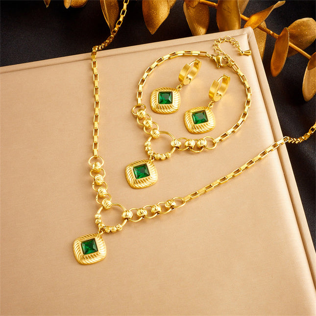 Set De Aretes Y Collar Con Circón Verde En Cuadra Y Cadena Elegante