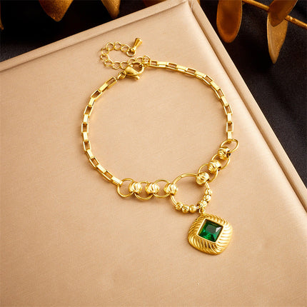 Set De Aretes Y Collar Con Circón Verde En Cuadra Y Cadena Elegante
