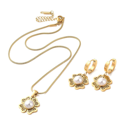 Aretes Y Collar Conjunto Con Colgante De Flor Y Perla Acero Inoxidable