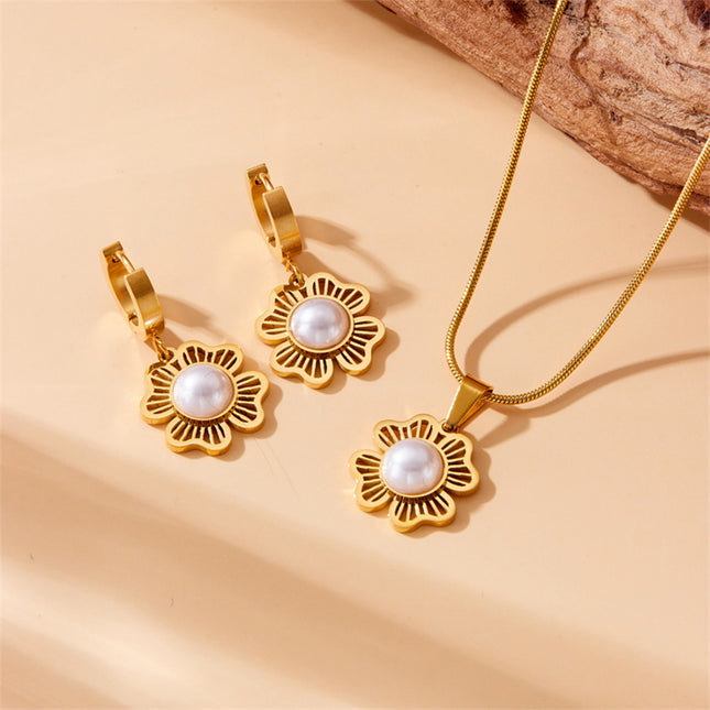 Aretes Y Collar Conjunto Con Colgante De Flor Y Perla Acero Inoxidable
